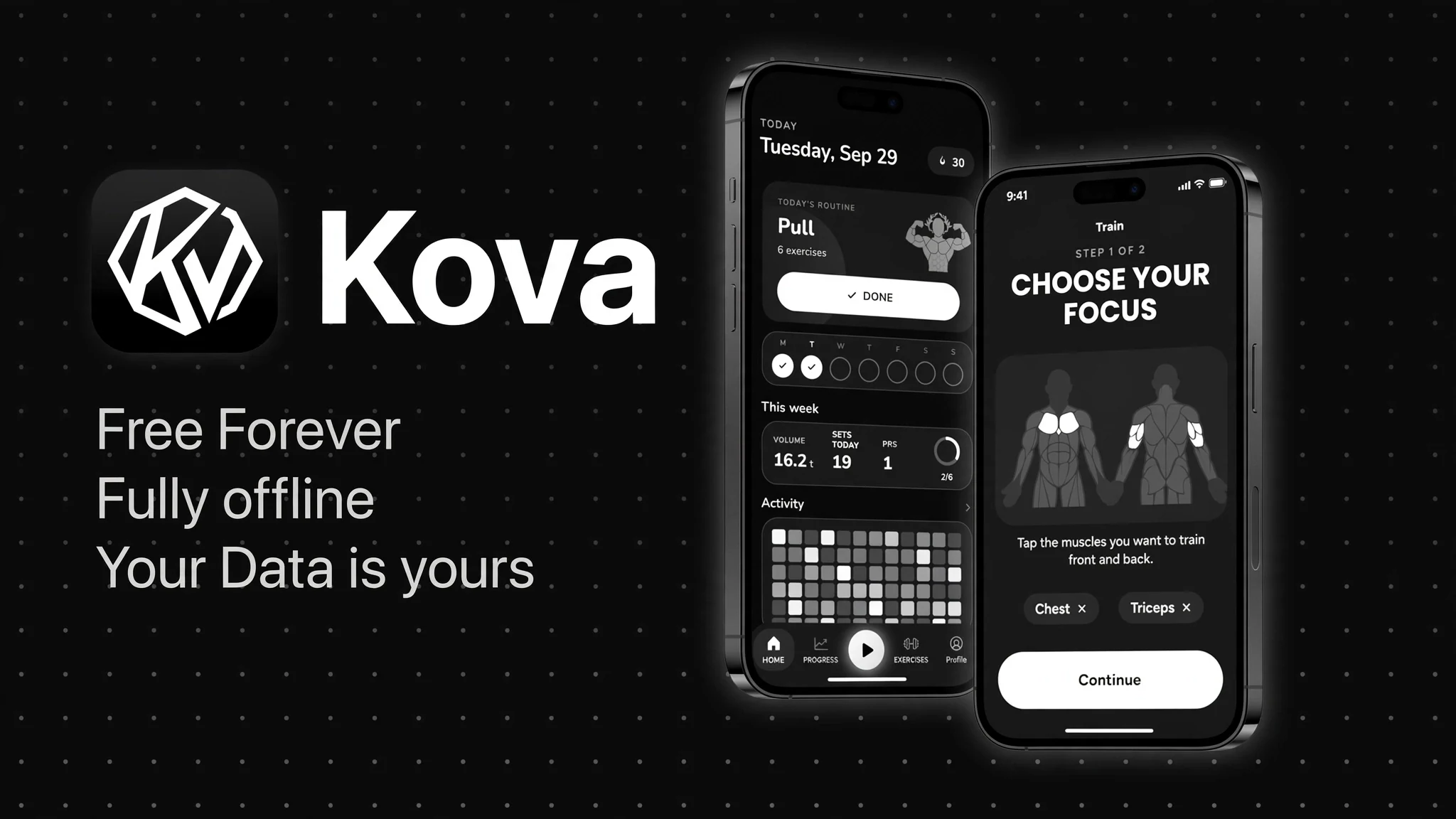 KOVA store banner: the app icon and wordmark with the lines Free Forever, Fully offline, Your Data is yours, beside two phones showing the home screen and the body map.