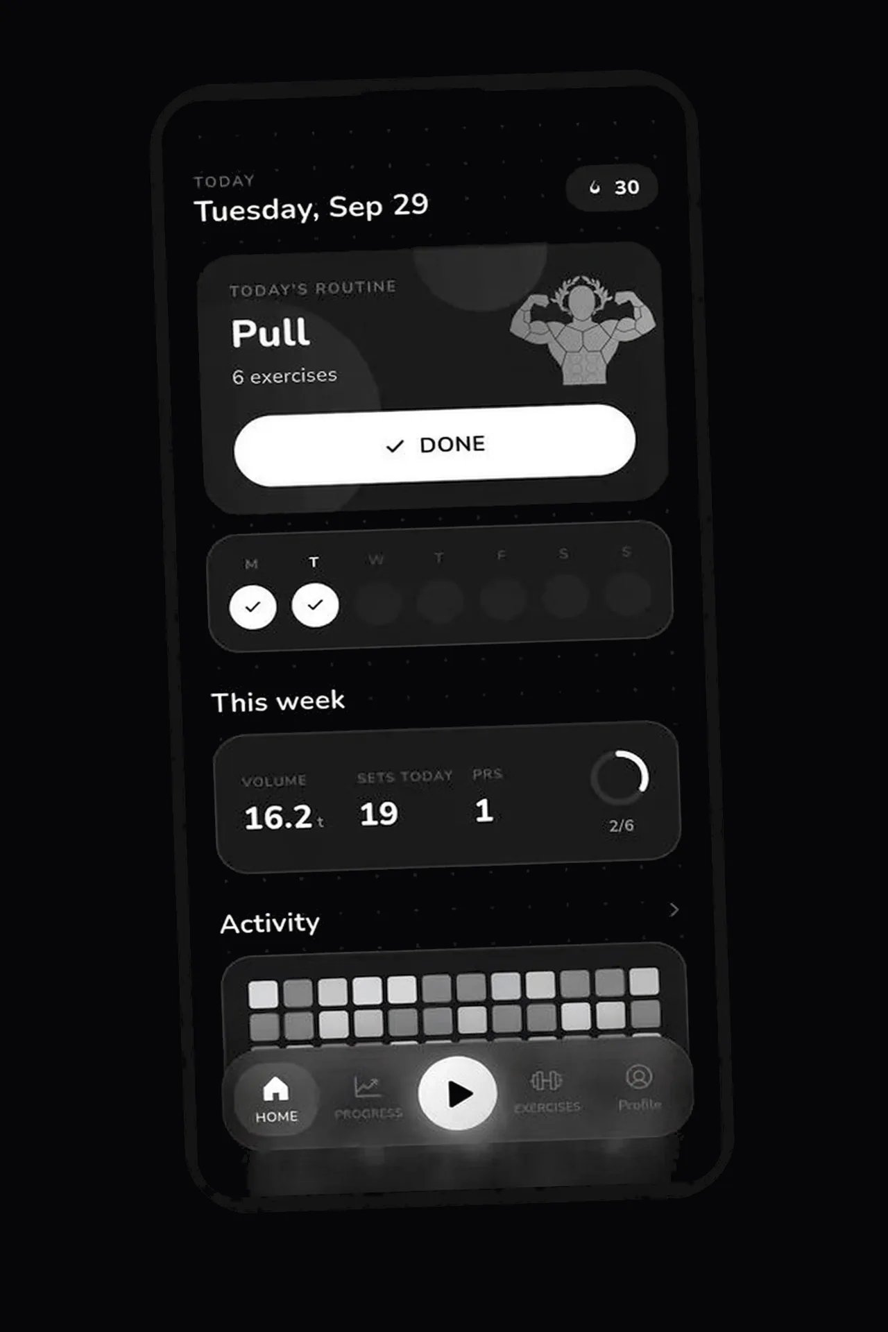 Home: today&rsquo;s routine, weekly volume, sets, PRs and activity.