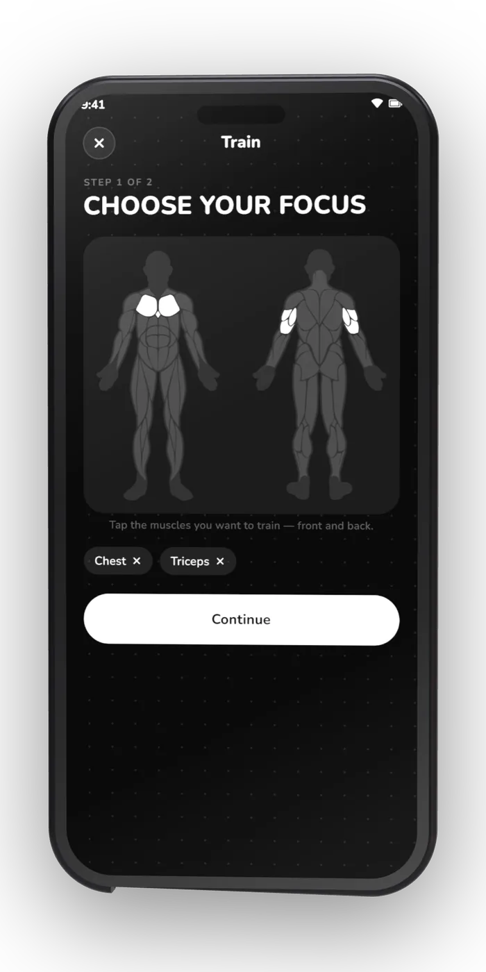 The focus picker: a front and back body map with the selected muscles lit, and the chosen muscles listed as chips.