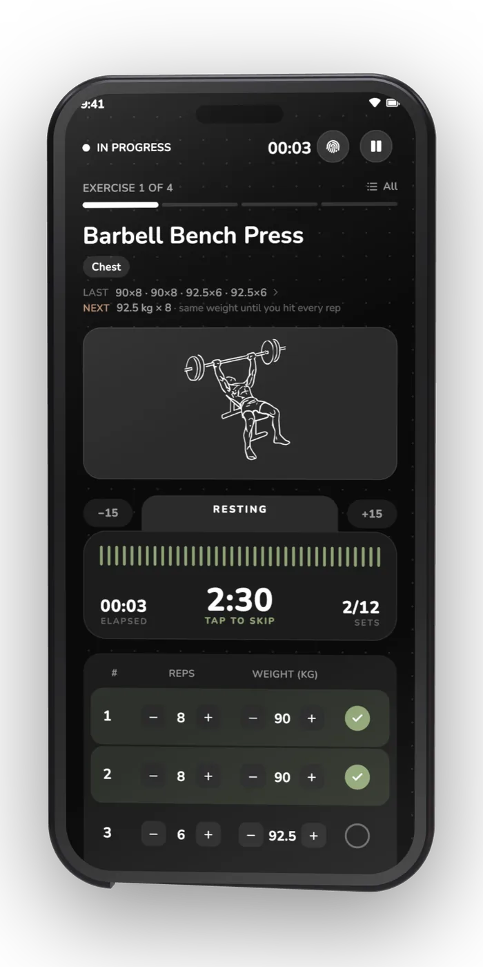 Live session: set table, previous performance and rest timer.