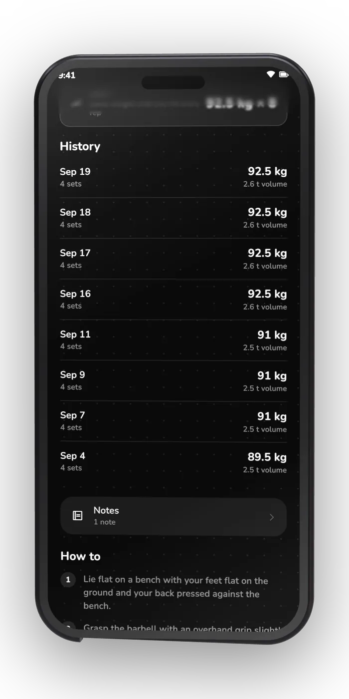 History: logged sessions listed by date with their volume and duration.