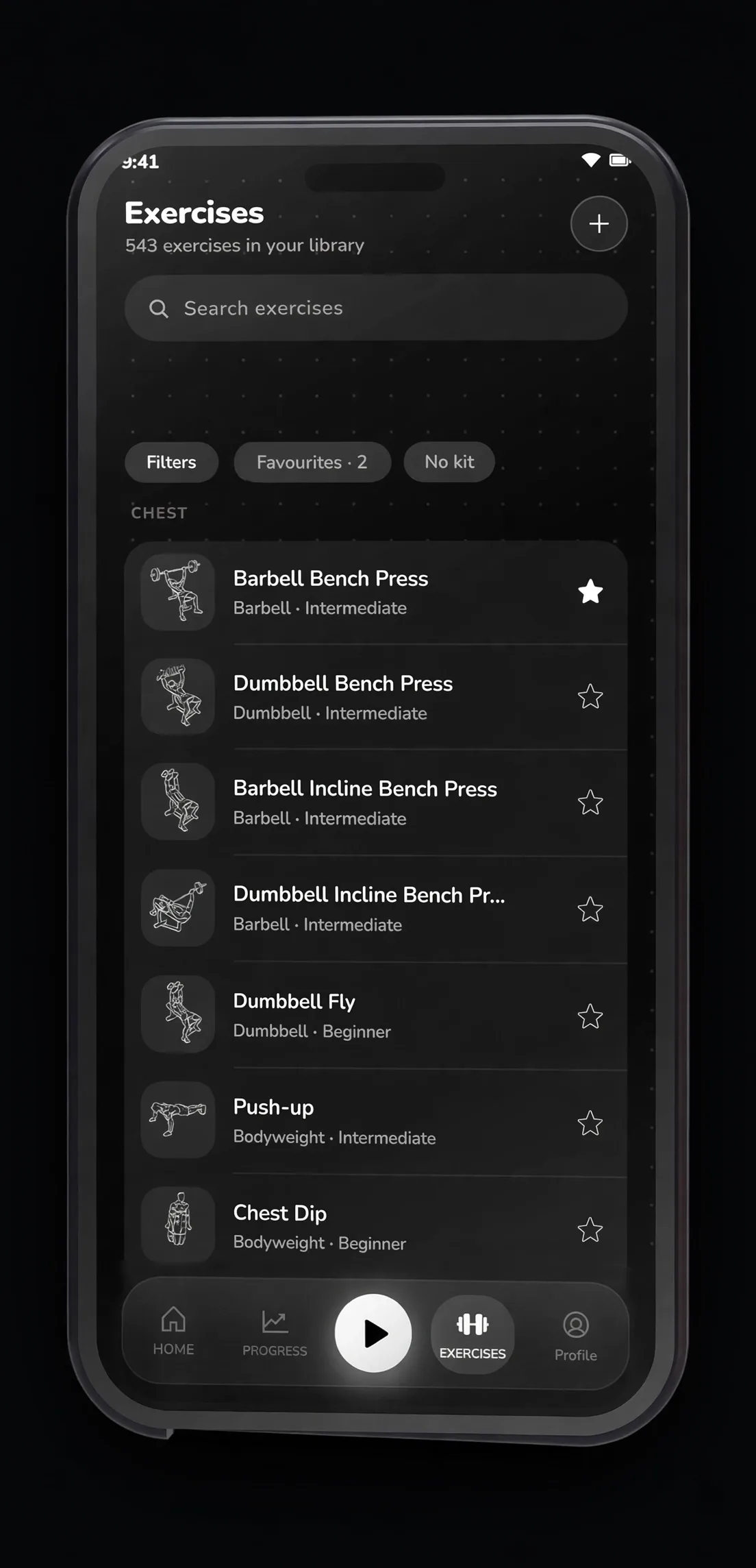 Exercise library: a searchable list with filters for muscle, equipment and level.
