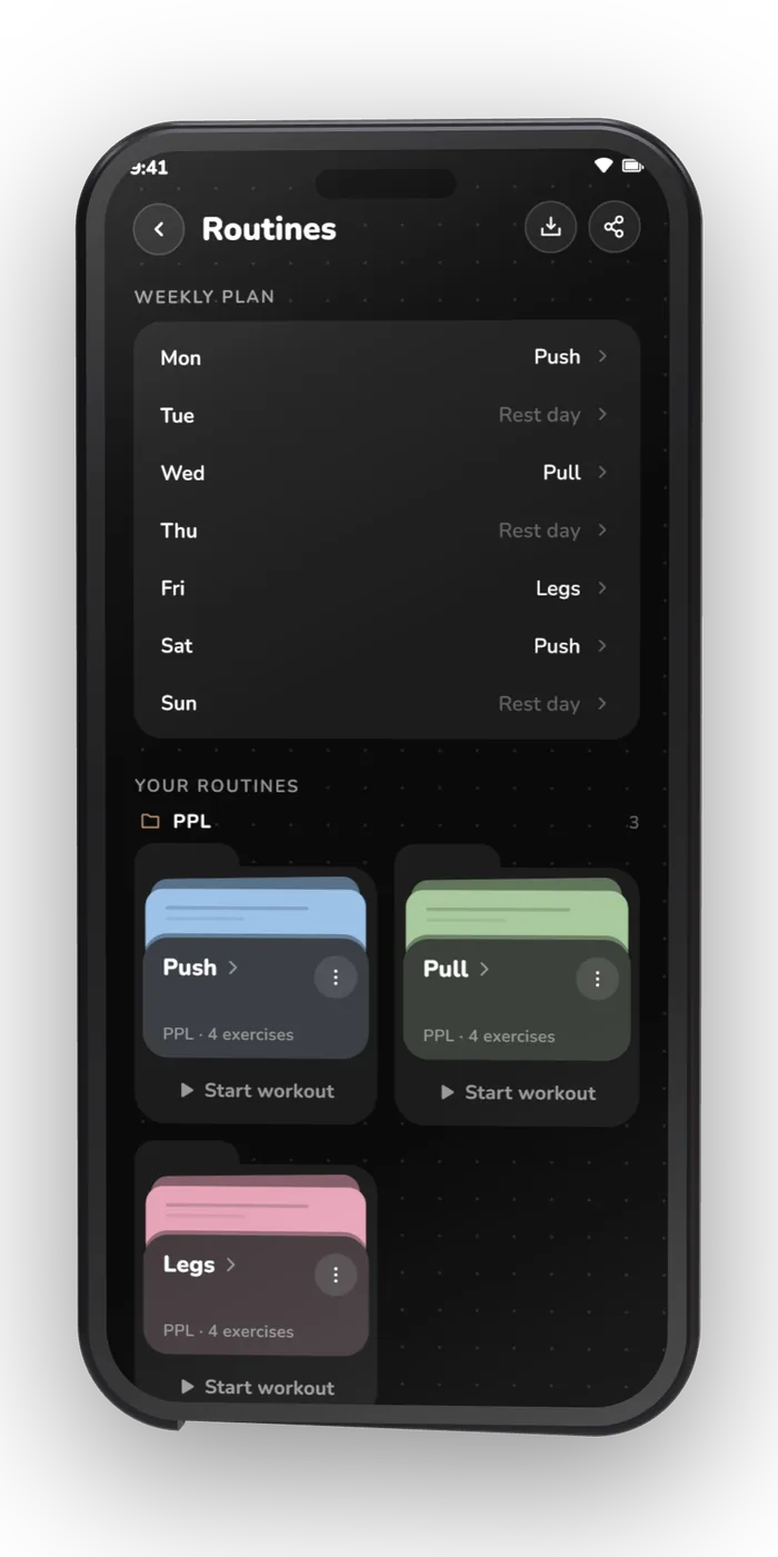 Routines, reorderable and schedulable per weekday.