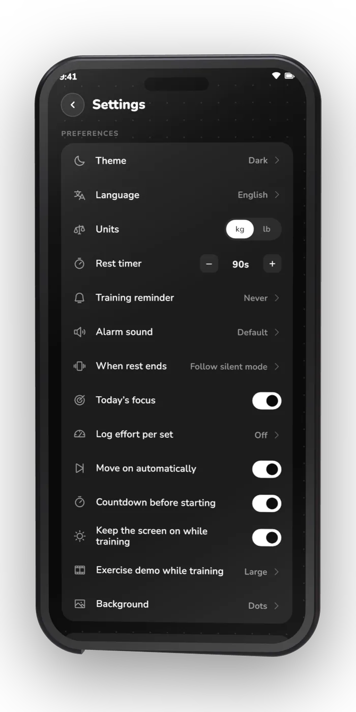 Settings: units, theme, language, export and delete.