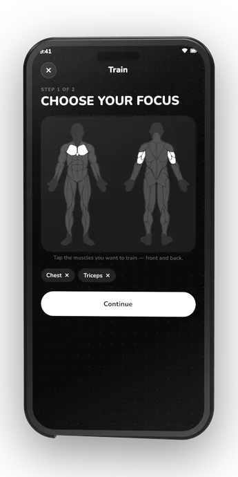 The focus picker: a front and back body map with the selected muscles lit, and the chosen muscles listed as chips.
